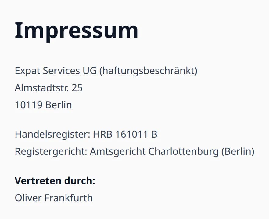 Screenshot of the imprint of abmelden.de: operator Expat Services UG (haftungsbeschränkt)