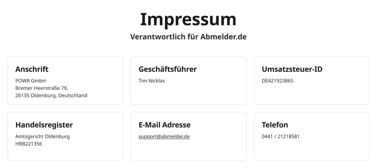 Screenshot of the imprint of abmelder.de: operator POWR GmbH