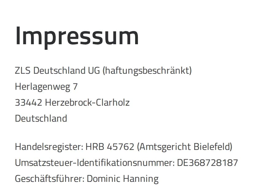 Screenshot of the imprint of abmeldung.de: operator ZLS Deutschland UG (haftungsbeschränkt)