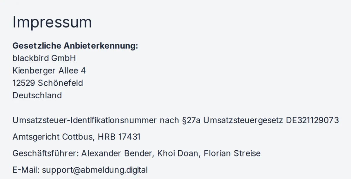 Screenshot of the imprint of abmeldung.digital: operator blackbird GmbH