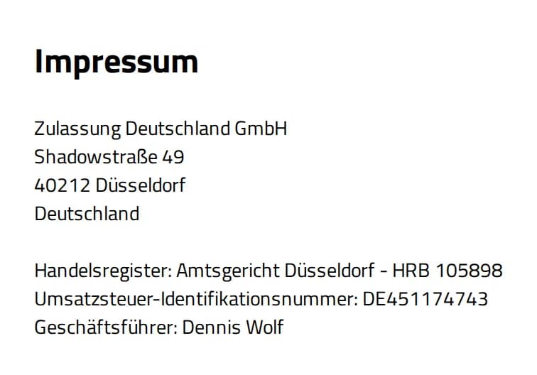 Screenshot of the imprint of online.abmeldung.de: operator Zulassung Deutschland GmbH